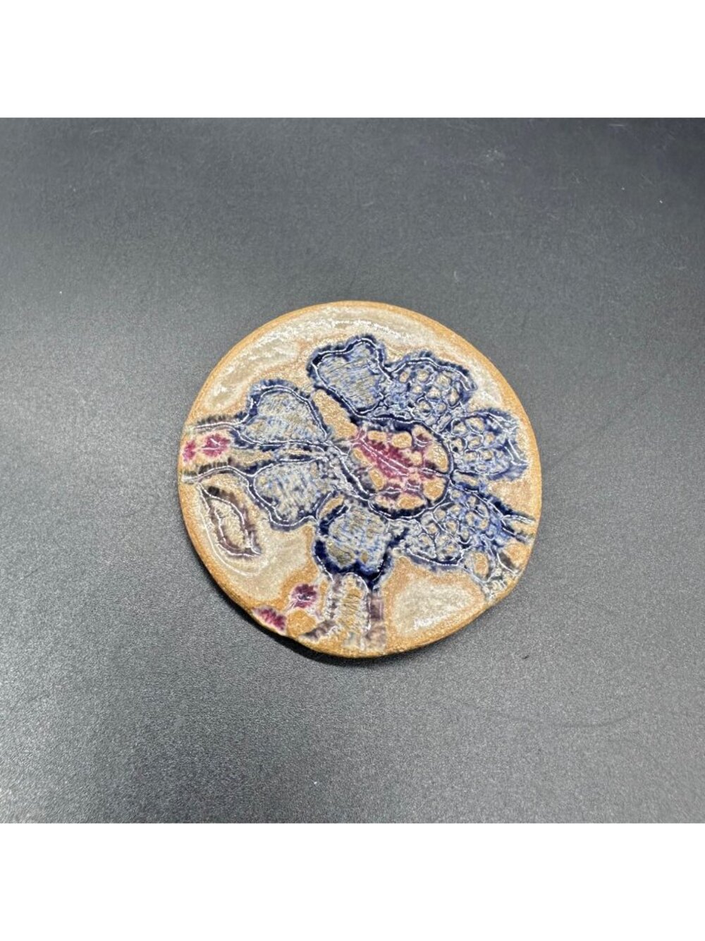 Vintage Floral Brooch Pin Blue Flower Artist Signed 1990s Round Cottage Retro